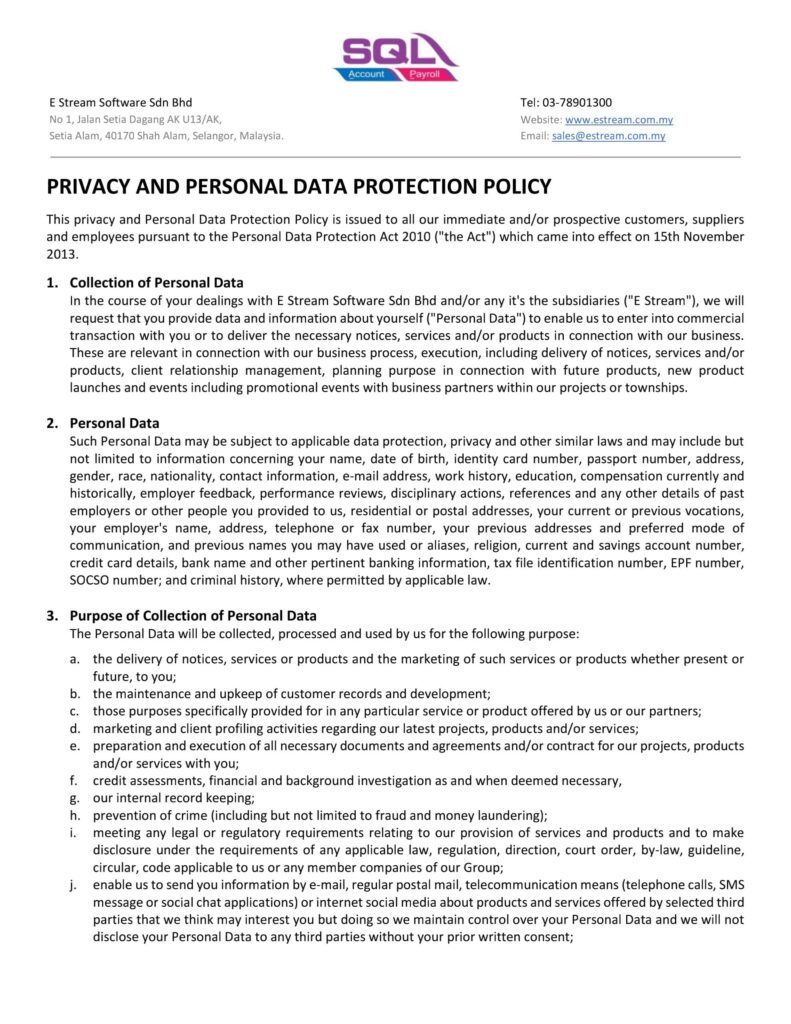 Privacy & personal data protection policy - page 1